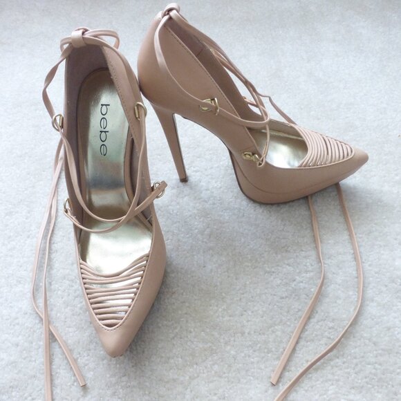 BEBE cream platform stiletto lace up pointy toe heels - Picture 3 of 11